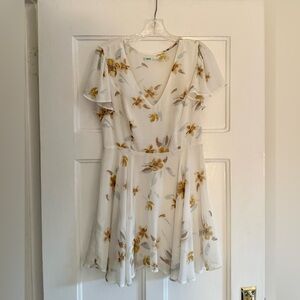Kimchi Blue White and Yellow Floral Mini Dress Ruffle Sleeve